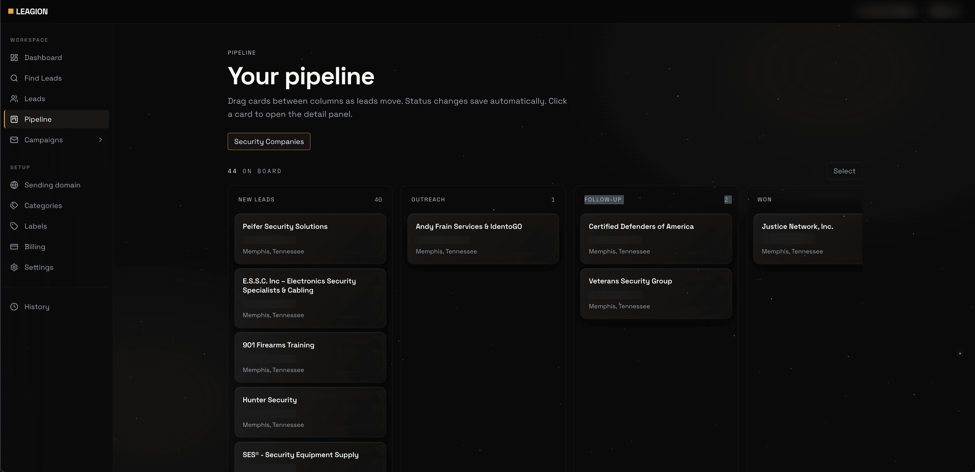 Leagion product screenshot showing leads organized in pipeline columns with business contact details