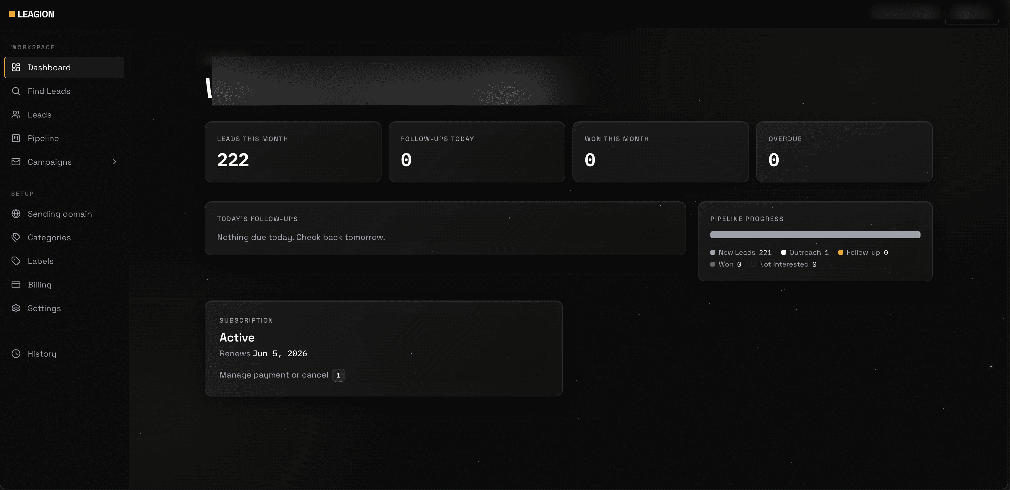 Leagion dashboard with leads, follow-ups, and pipeline progress