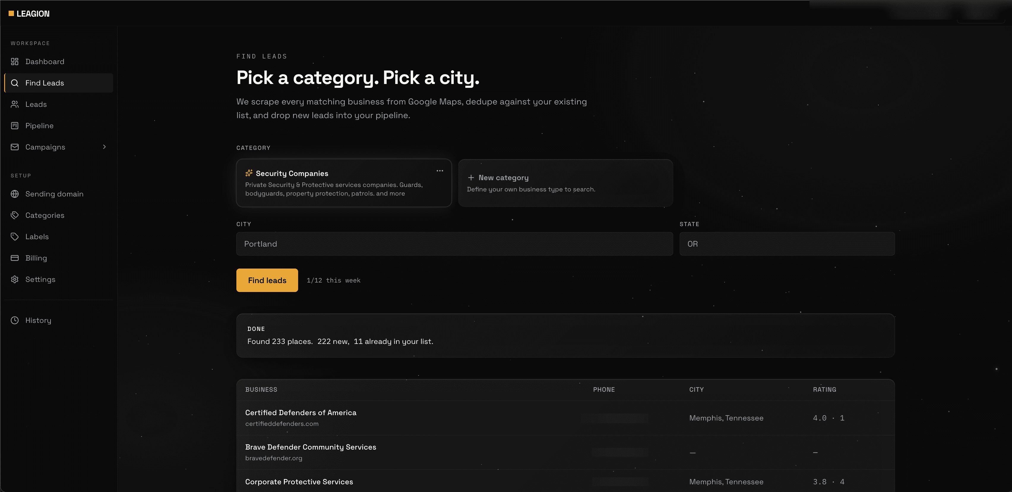 Pick a category and a city — Leagion screenshot