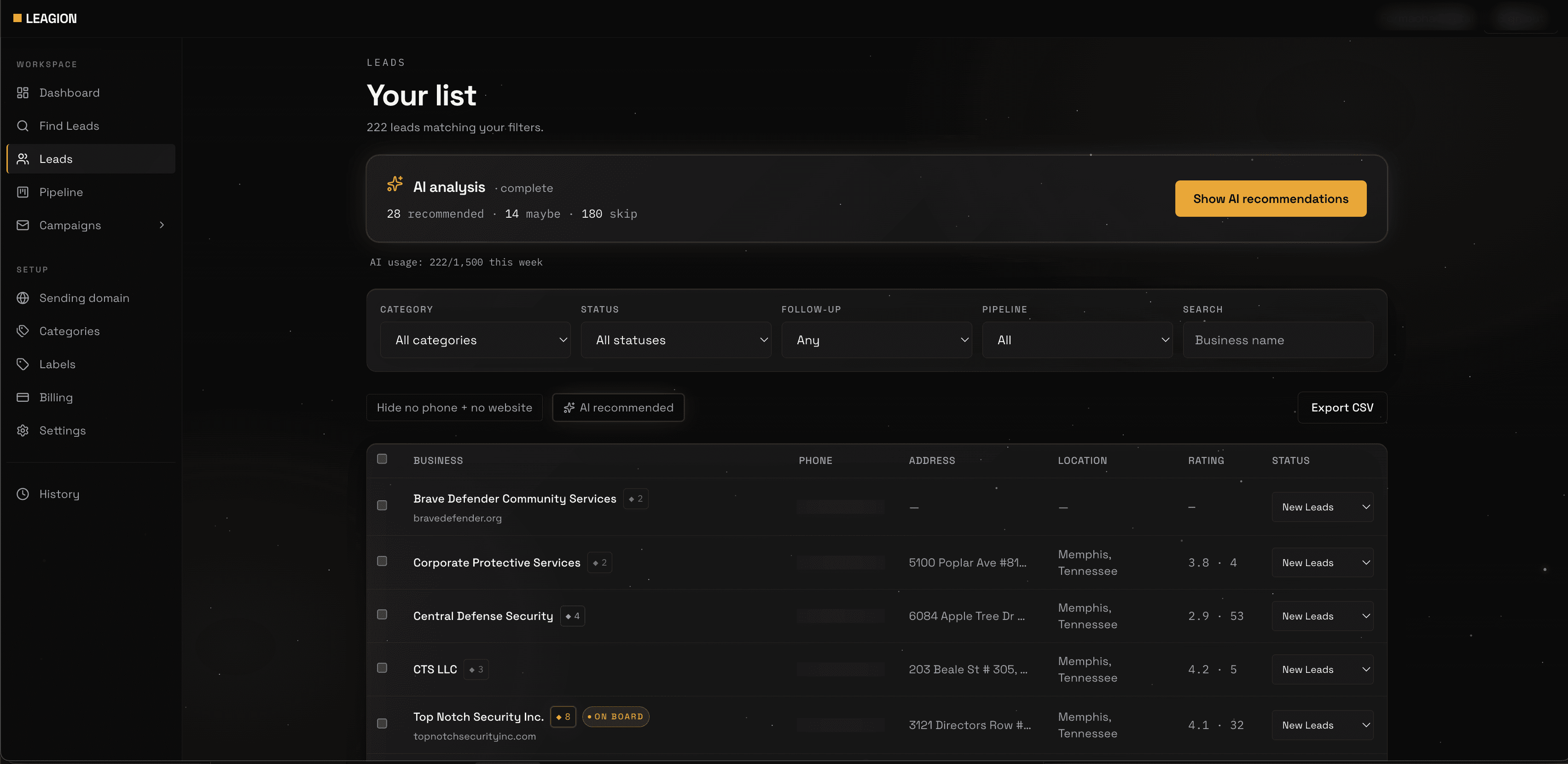 Get an AI-scored list — Leagion screenshot